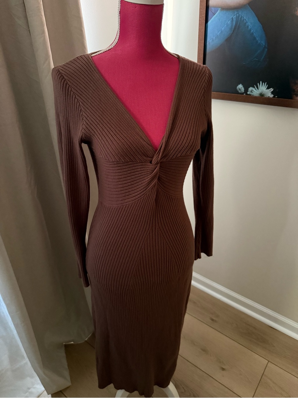 Brown Ribbed Twist-Front Midi Dress - Women's